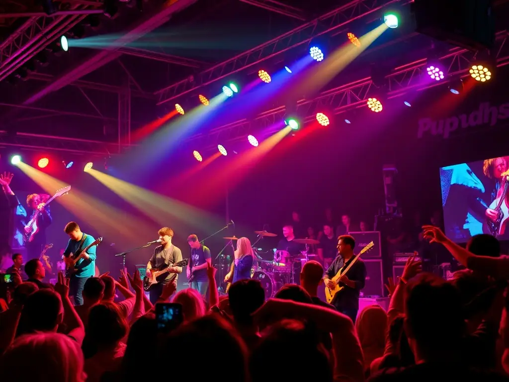 A vibrant concert scene with musicians performing on stage, showcasing LADACORE's commitment to live music and artistic expression.