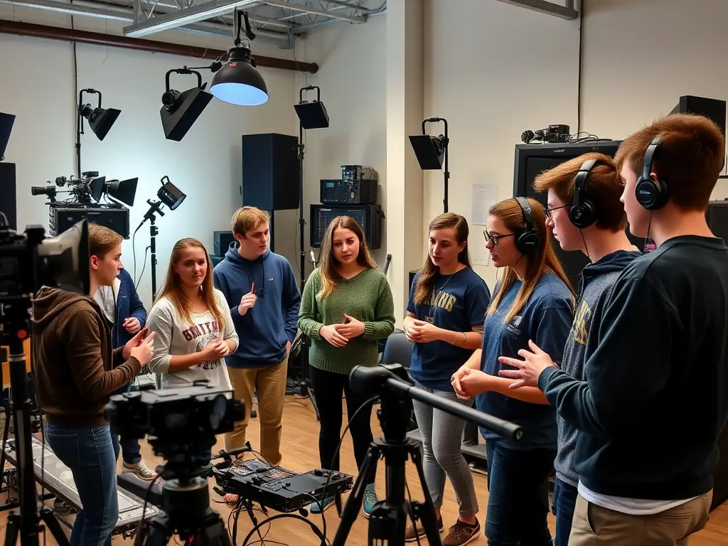 A dynamic image showing a group of young people participating in an audiovisual production workshop led by LADACORE. The image highlights the hands-on learning and creative collaboration involved in the program.