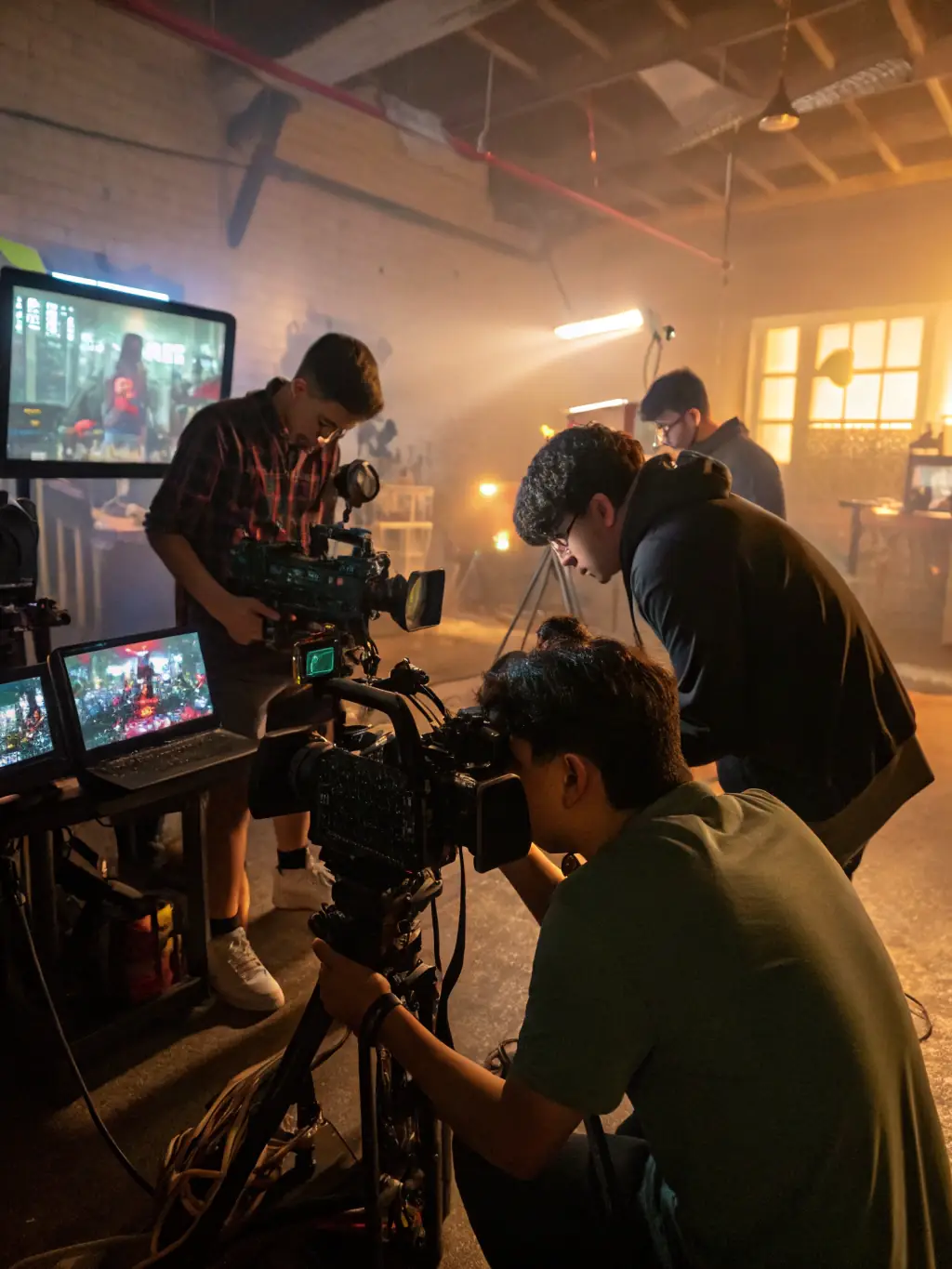 A behind-the-scenes shot of an audiovisual production workshop, with participants learning about filmmaking techniques and equipment, emphasizing the educational aspect of LADACORE's programs.