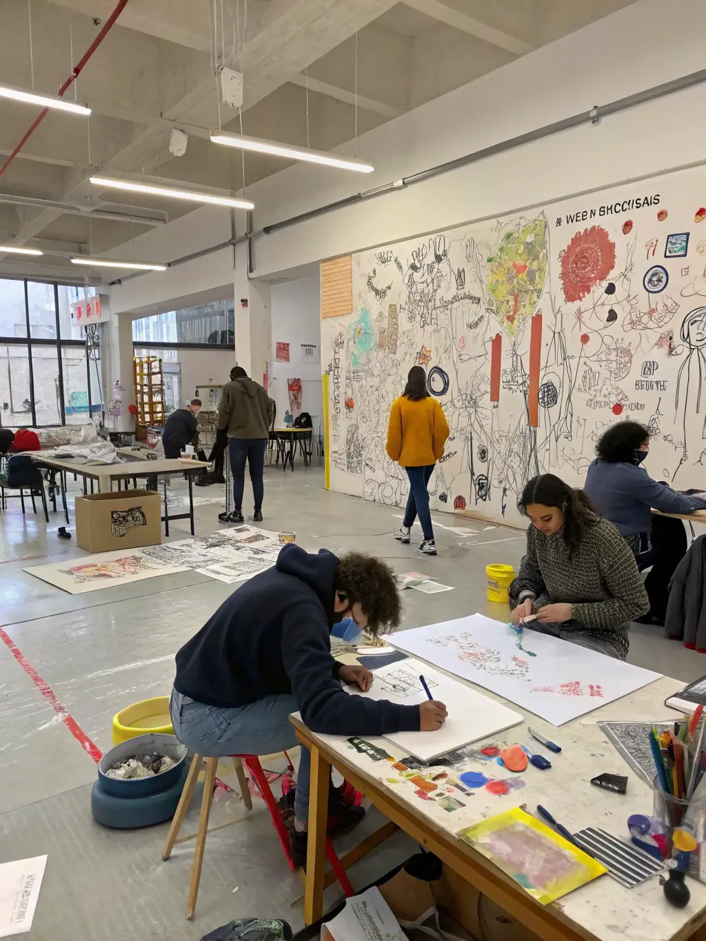A photo of artists collaborating in a studio space provided by LADACORE, showcasing the organization's commitment to supporting emerging talent and fostering artistic collaboration.