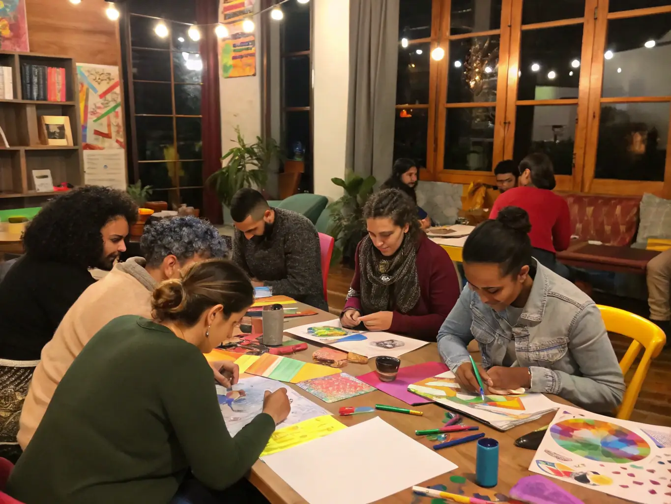 A heartwarming image of LADACORE staff and volunteers working together to support local artists, providing them with resources and opportunities to showcase their work. The image emphasizes LADACORE's commitment to artist development.