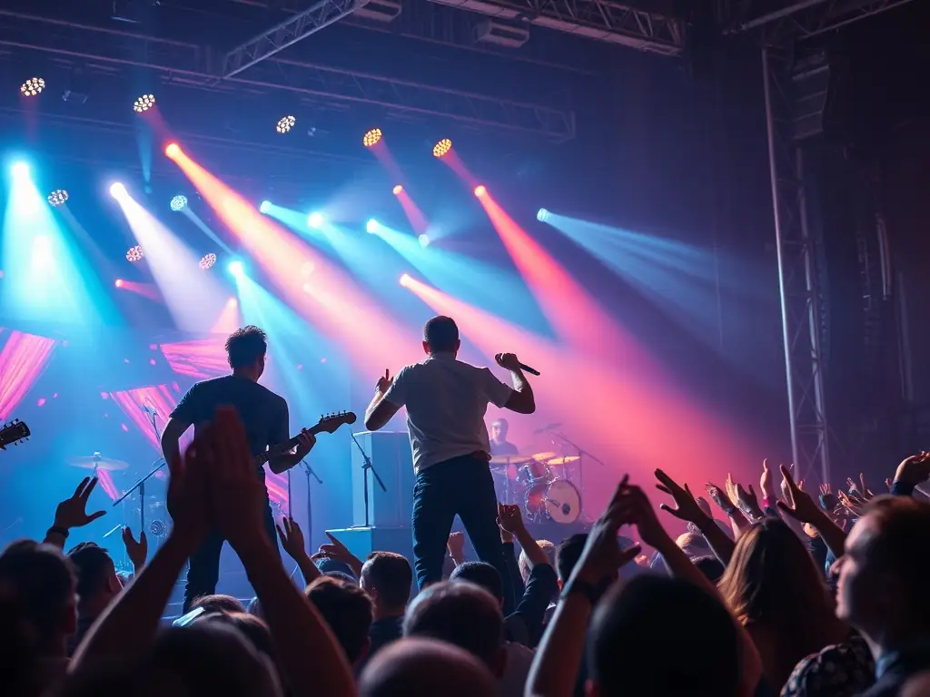 A vibrant concert scene with musicians performing on stage, showcasing LADACORE's commitment to live music events.