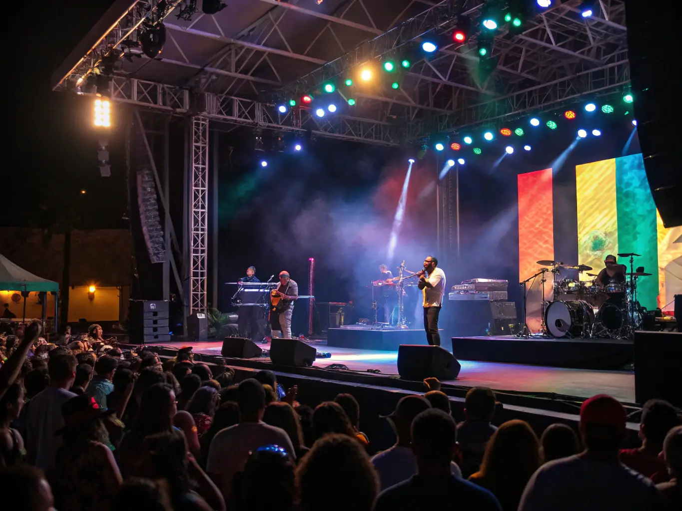 A vibrant image depicting a live concert organized by LADACORE, showcasing musicians on stage and an enthusiastic audience enjoying the performance. The image captures the energy and excitement of LADACORE's cultural events.