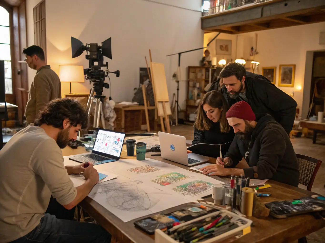A group of artists collaborating in a workshop setting, demonstrating LADACORE's dedication to artist support and development.
